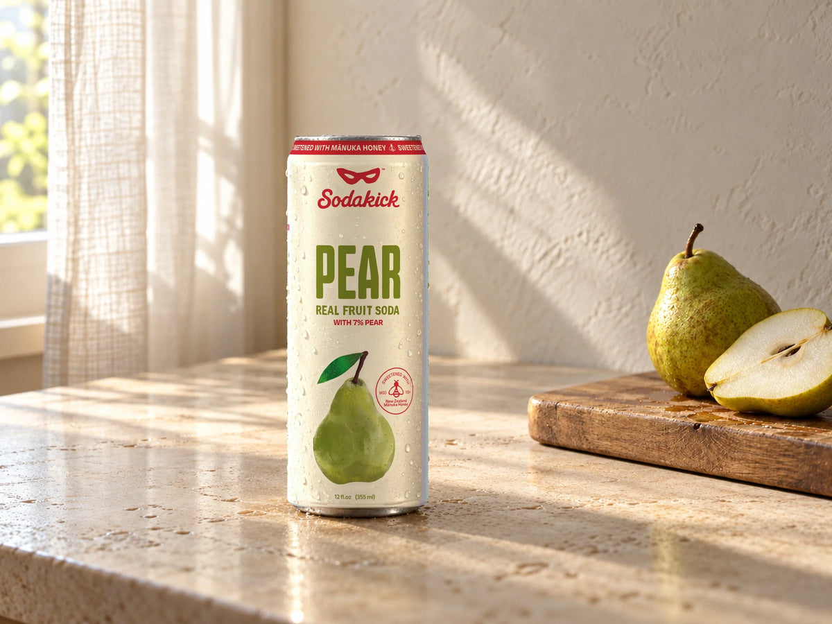 Sodakick honey soda on a kitchen bench for a dirty soda