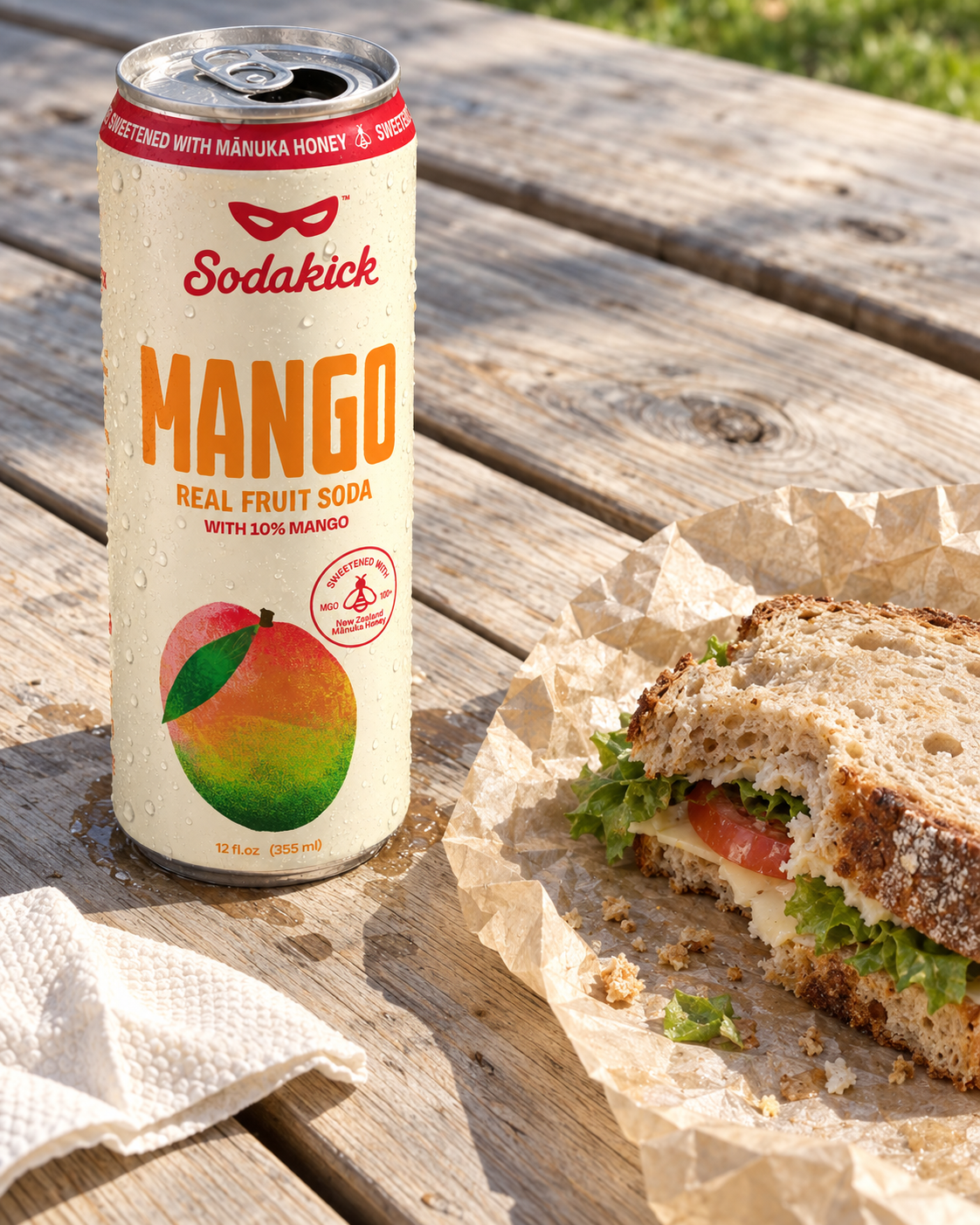 A Sodakick Mango can on a picnic table next to a sandwich