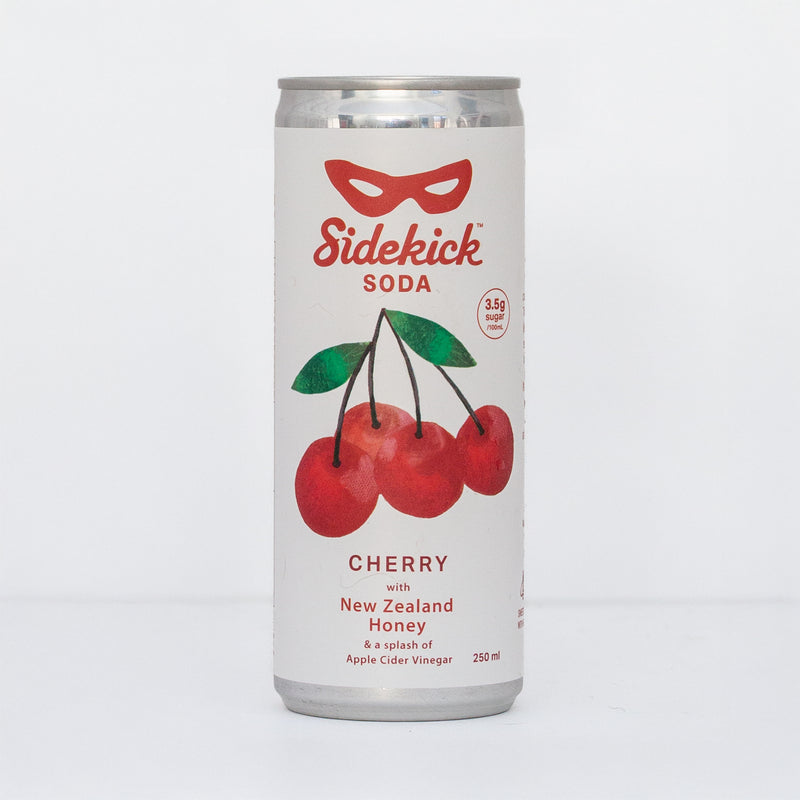 Sidekick Cherry 250ml can on white background, cherry illustrations, New Zealand honey