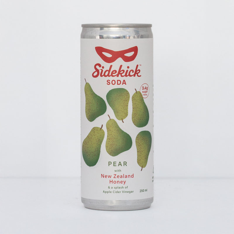 Sidekick Pear 250ml can on white background, pear illustrations, New Zealand honey