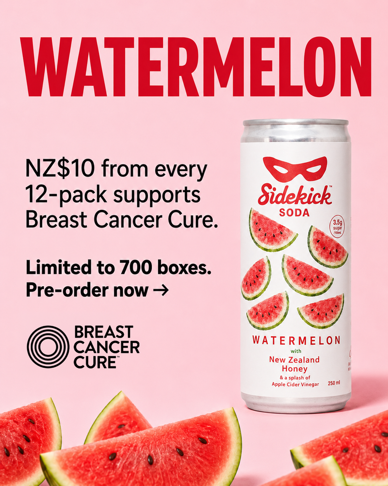 Sidekick Watermelon can on pink background promoting NZ$10 to Breast Cancer Cure per 12-pack