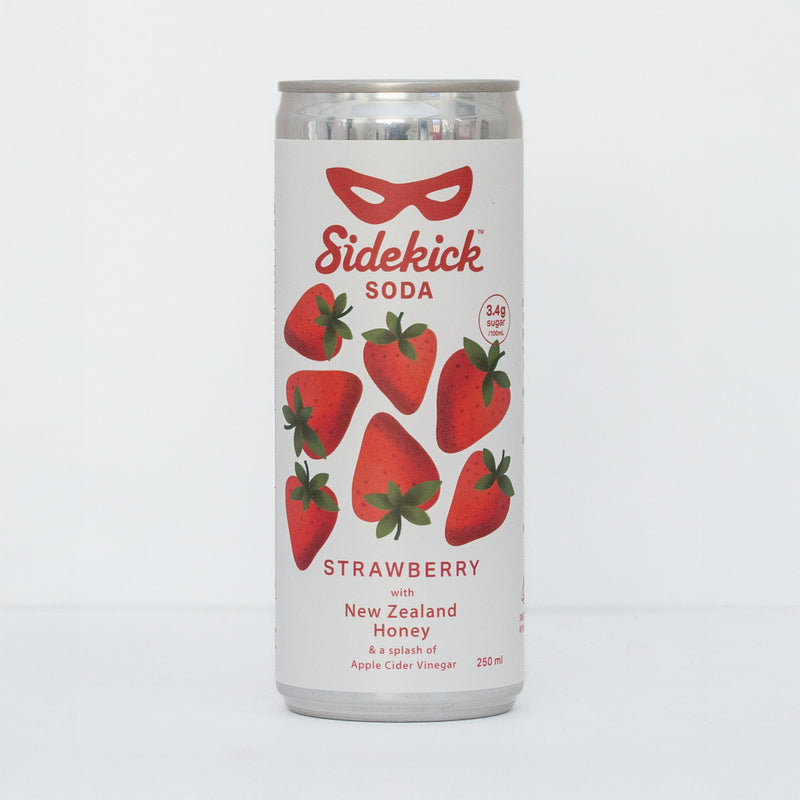 Sidekick Strawberry 250ml can on white background, strawberry illustrations, New Zealand honey