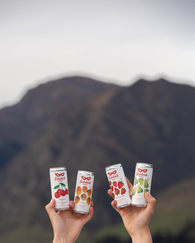 Hands holding Sidekick soda cans with the Southern Alps in the background