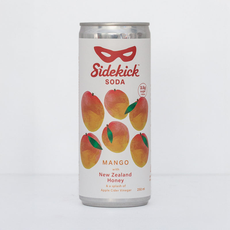 Sidekick Mango 250ml can on white background, mango illustrations, New Zealand honey