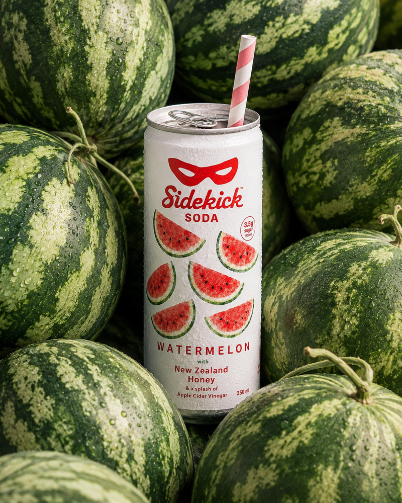 Chilled Sidekick Watermelon can with striped straw nestled among whole watermelons