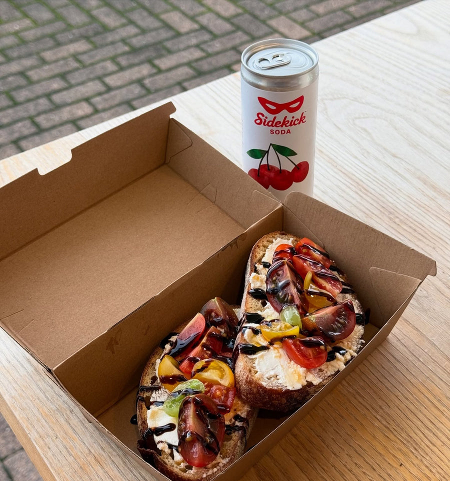 Sidekick Cherry beside a fresh tomato bruschetta lunch