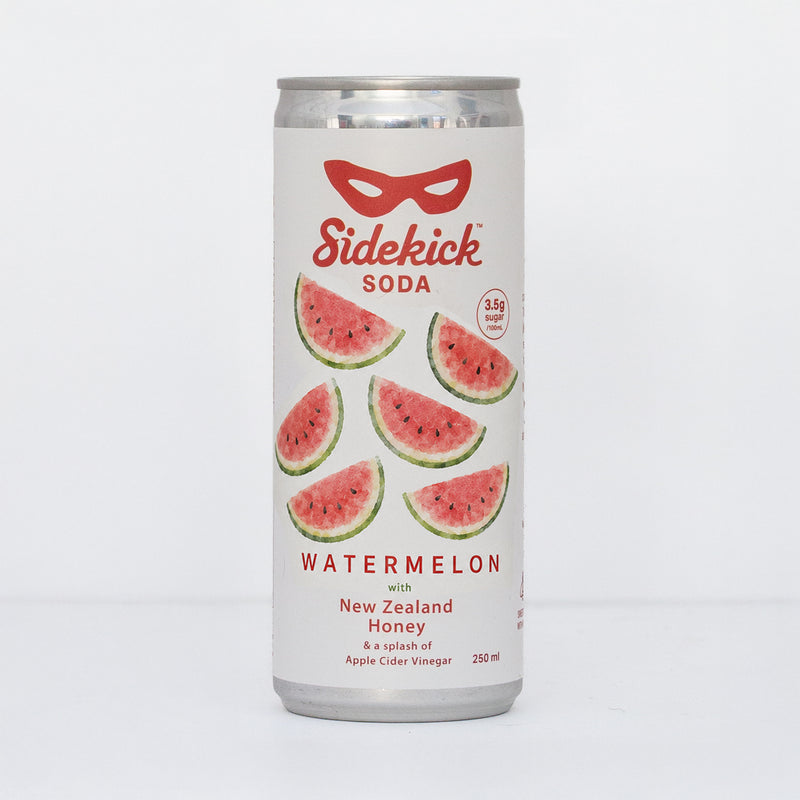 Sidekick Watermelon 250ml can on white background, watermelon wedge illustrations, New Zealand honey