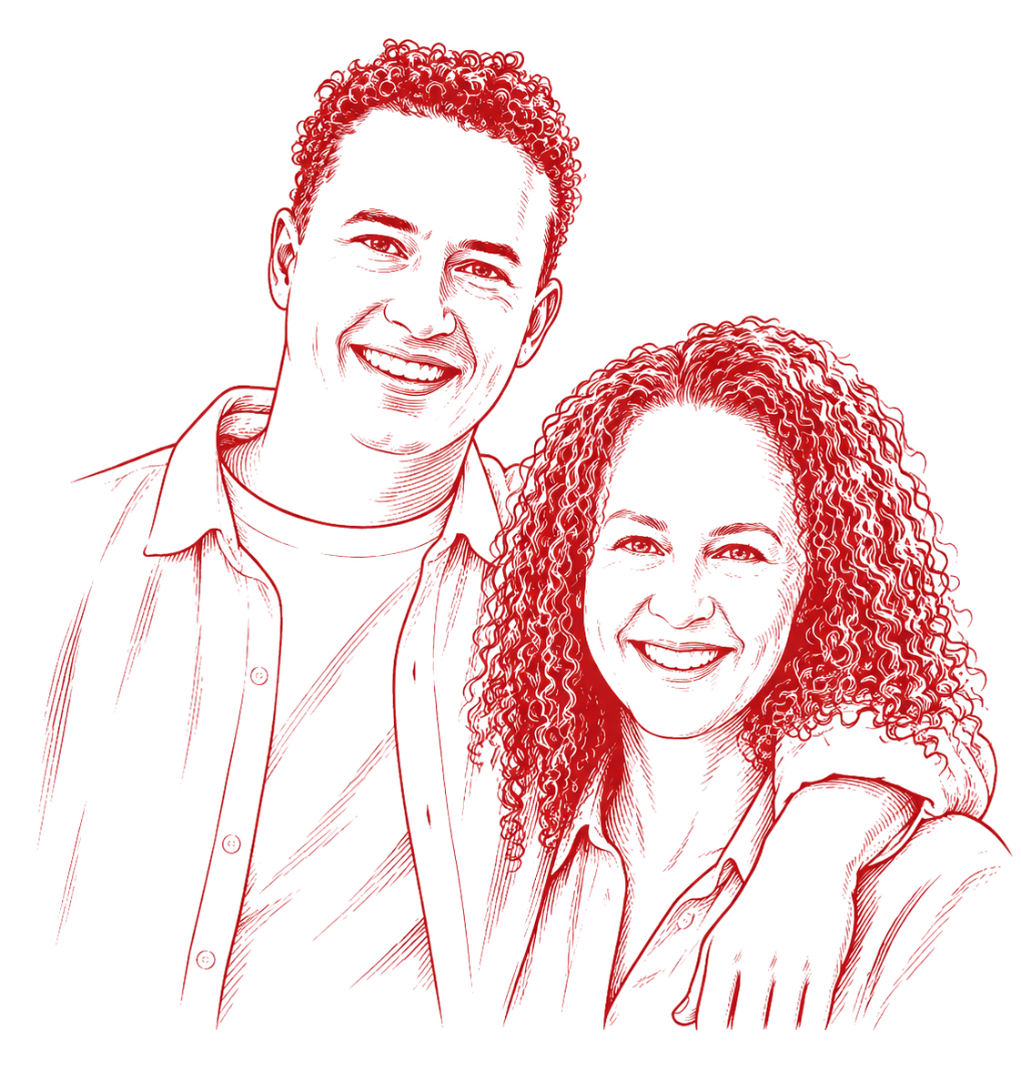 Illustrated portrait of Fiona and Rogan Tomlinson