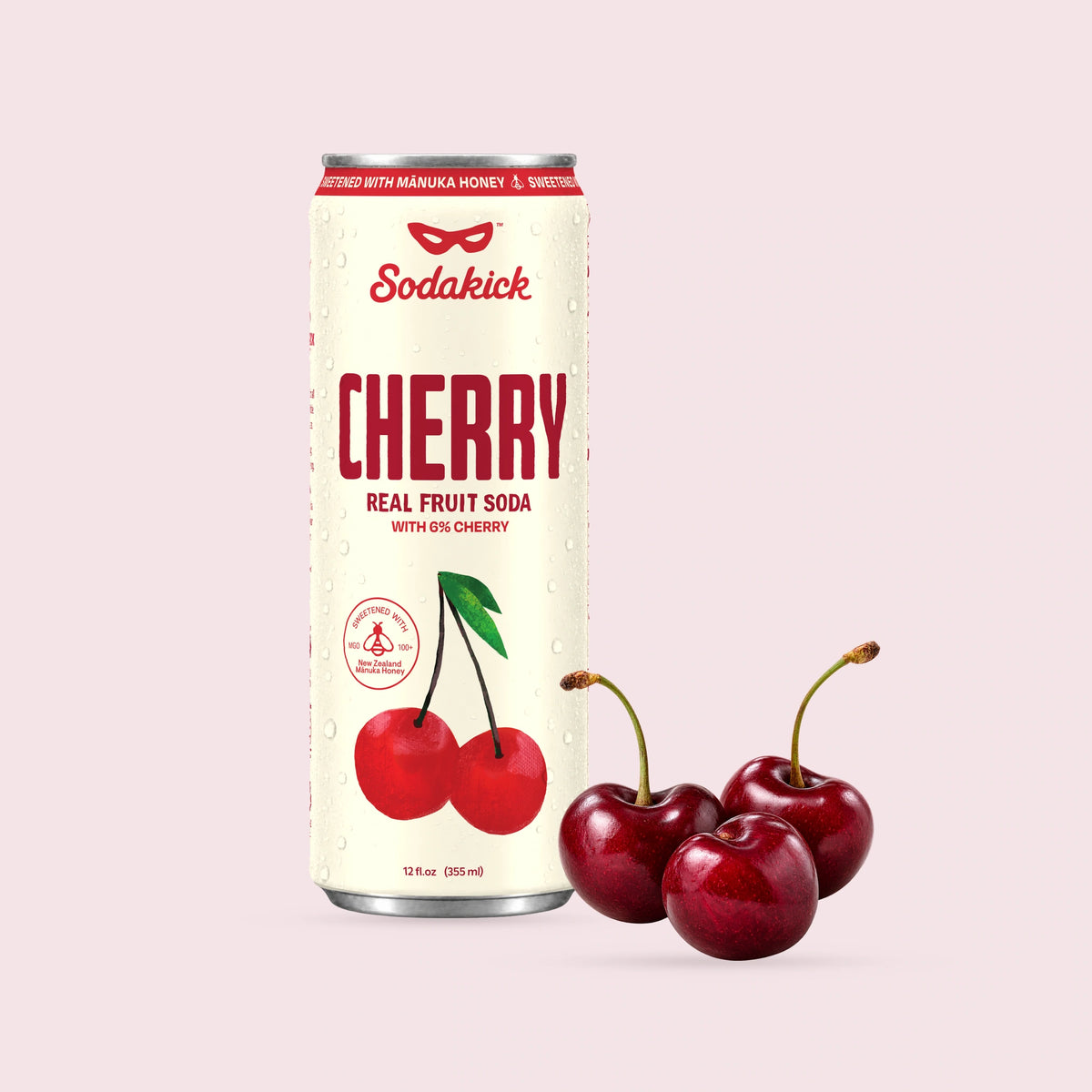 Sodakick Cherry can with fresh cherries