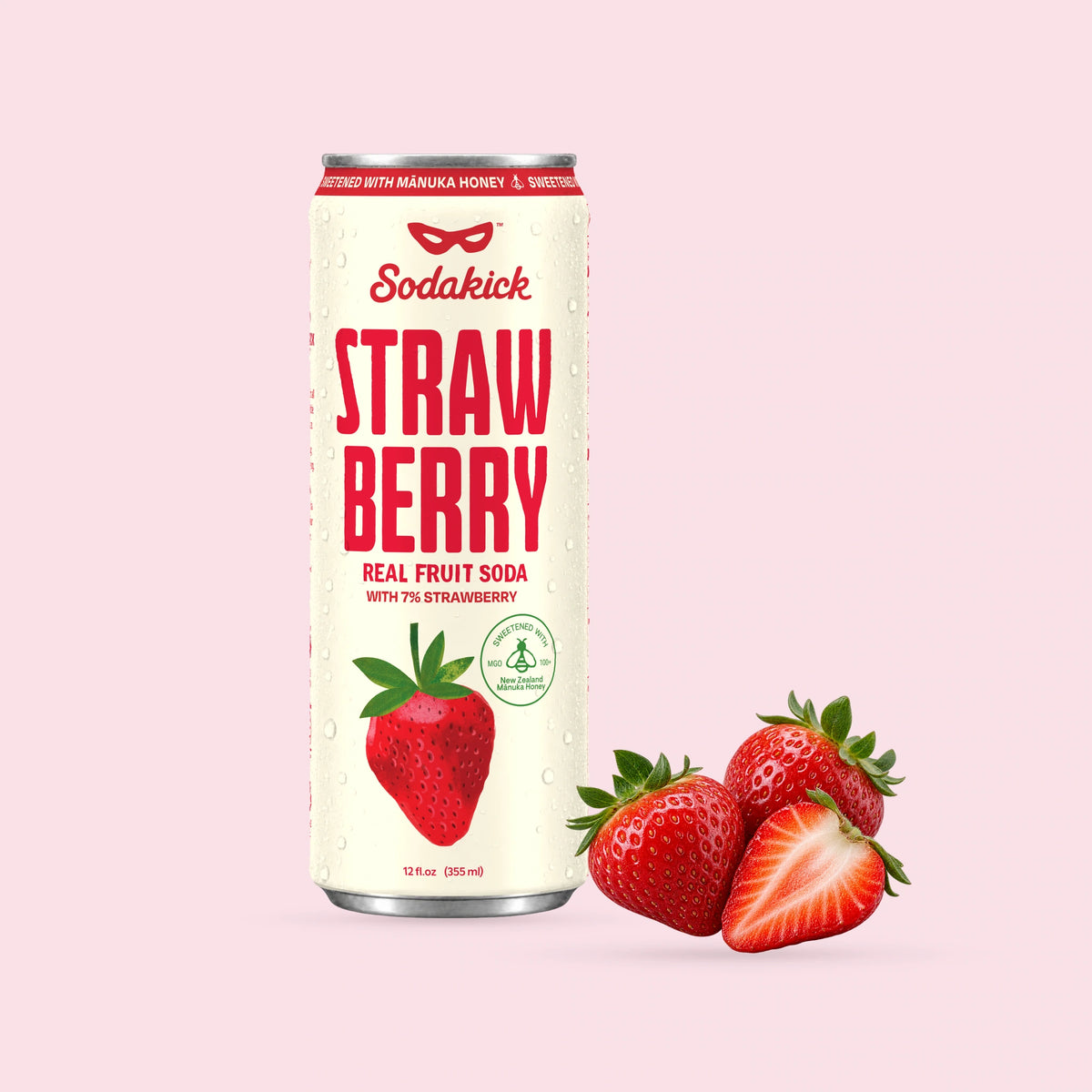 Sodakick Strawberry can with fresh strawberries