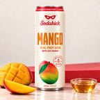 Sodakick Mango can with fresh mango and a small bowl of honey