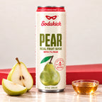 Sodakick Pear can with fresh pears and a small bowl of honey