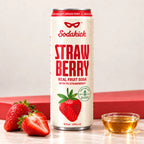 Sodakick Strawberry can with fresh strawberries and a small bowl of honey