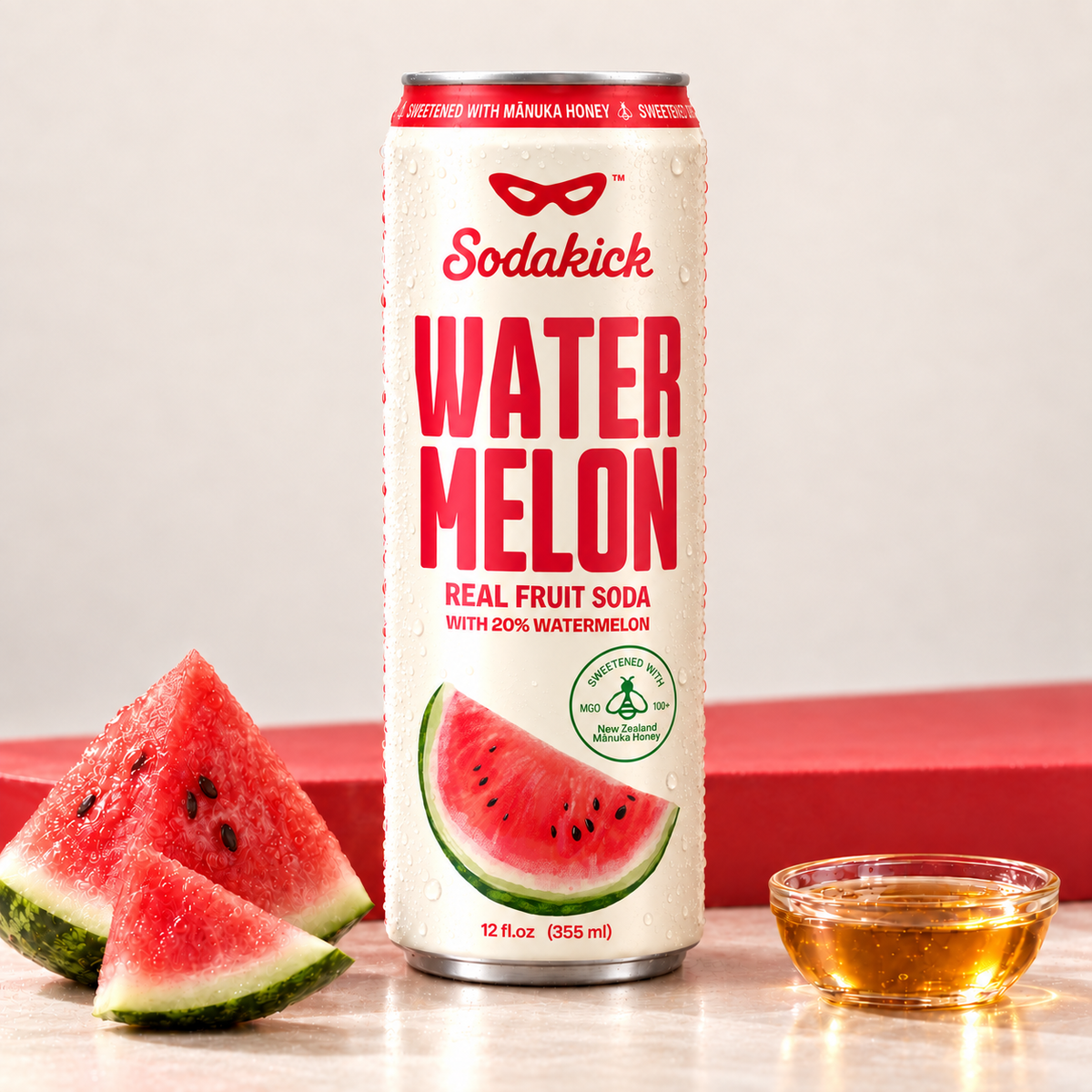 Sodakick Watermelon can with fresh watermelon and a small bowl of honey